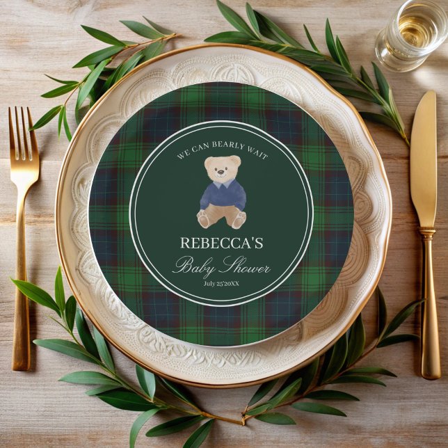 Prato De Papel Podemos esperar o chá de fraldas clássico da xadre (We can bearly wait green plaid  classic polo teddy bear baby shower personalized paper plates)