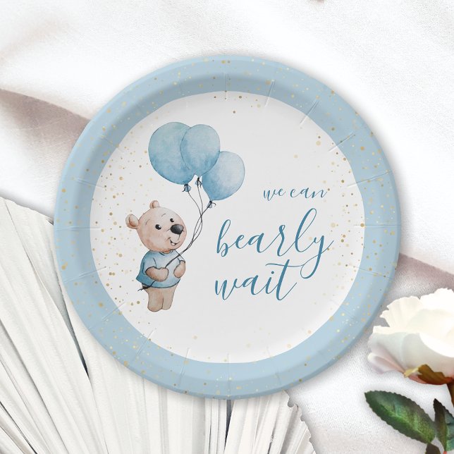 Prato De Papel Podemos Esperar O Urso Chá de fraldas Azul (Criador carregado)
