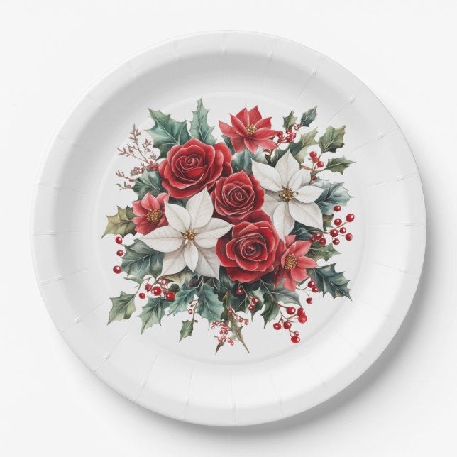 Prato De Papel Poinsettia de Natal Elegante Tradicional (Frente)