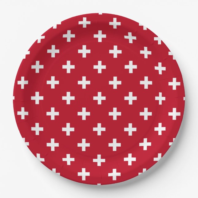 Prato De Papel Polka branca cruza em vermelho (Frente)
