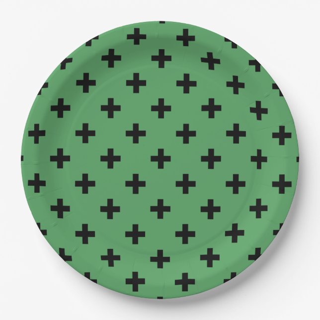 Prato De Papel Polka negra cruza em verde (Frente)
