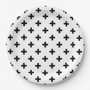 Prato De Papel Polka preto cruza em branco