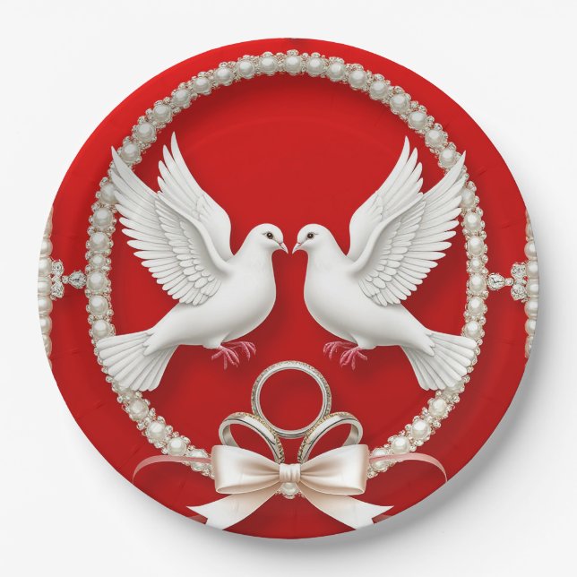 Prato De Papel Pombas Brancas com Alianças de Casamento (Frente)