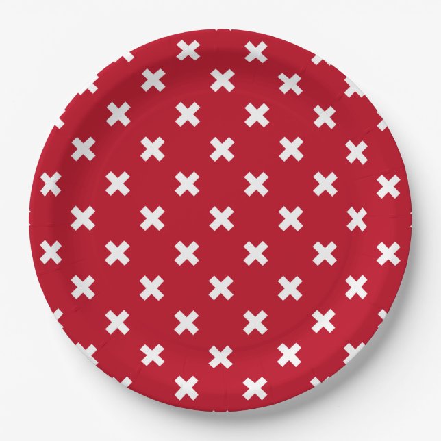 Prato De Papel Pontos de cruz brancos em vermelho (Frente)