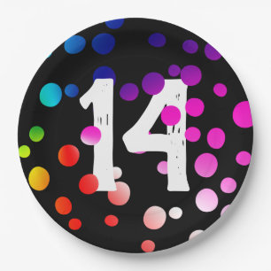 Prato De Papel Pontos do arco-íris de 14 aniversário em preto