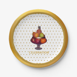 Prato De Papel Pontos Dourados e Frutas