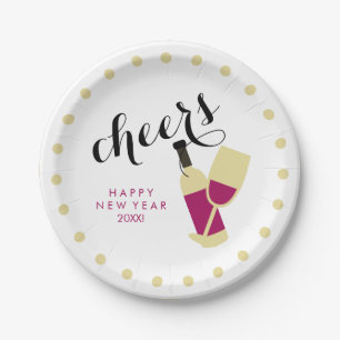 Prato De Papel Pontos modernos do vinho e do ouro do feliz ano