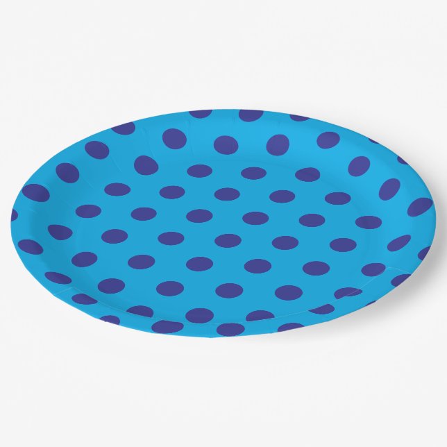 Prato De Papel Pontos Polka Azuis sobre Azul  (Inclinado)