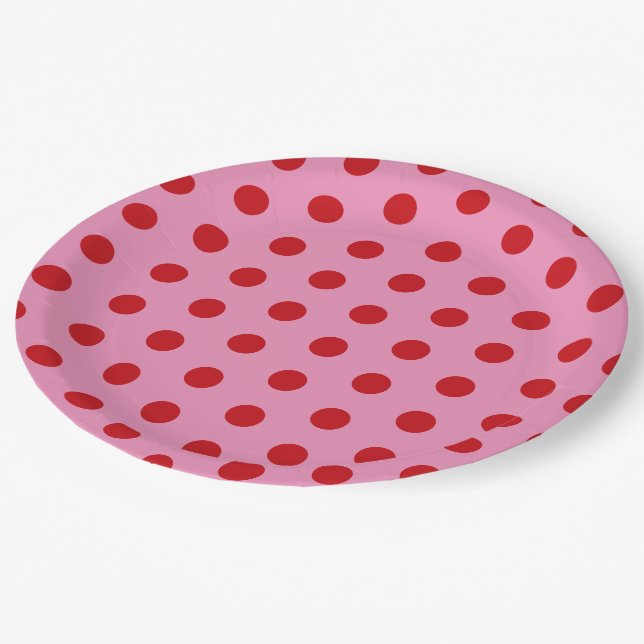 Prato De Papel Pontos Vermelhos Polka em Rosa (Inclinado)