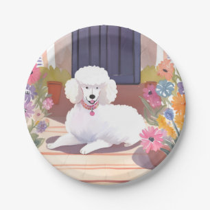 Prato De Papel Poodle Branco Flores Aquarela de Cachorro