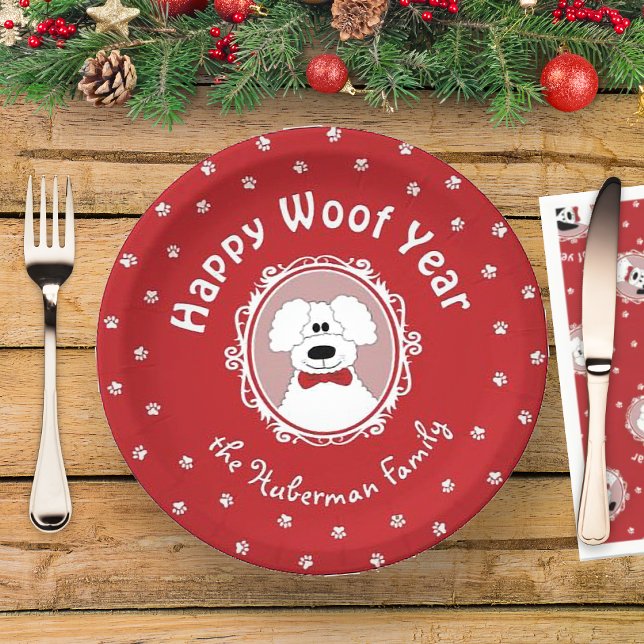 Prato De Papel Poodle 'Happy Woof Year' com Arco ('Happy Woof Year' Cute Poodle with a Bow Tie Christmas Paper Plate)