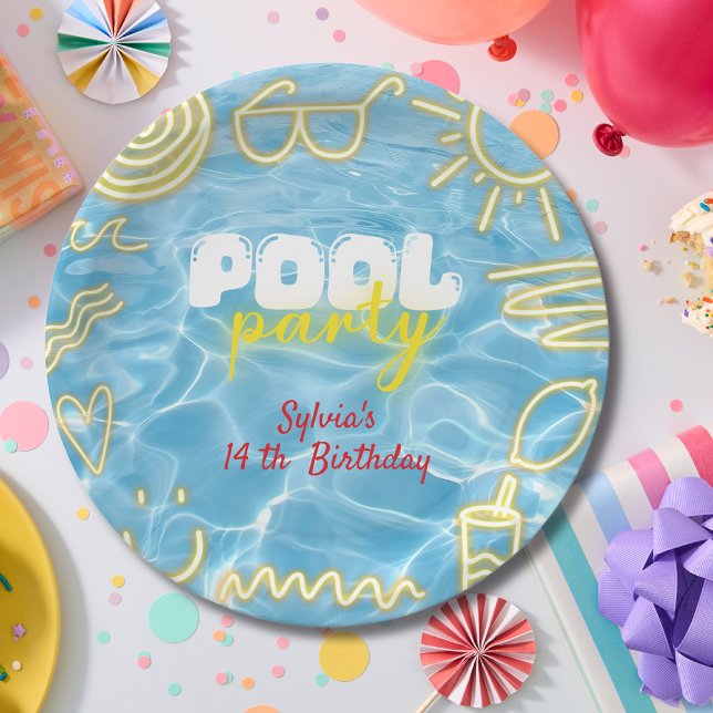 Prato De Papel Pool summer neon vibes birthday party (Criador carregado)