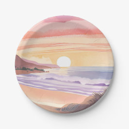 Prato De Papel Pôr do Sol no Mar Corado | Pintura em Aquarela da 