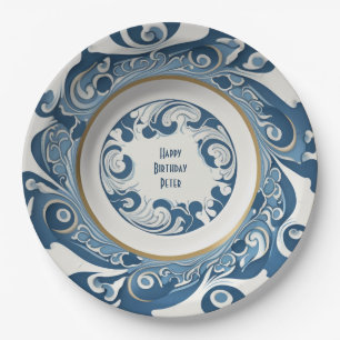 Prato De Papel Porcelana azul-deco e branca personalizada