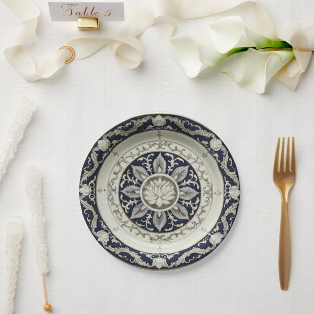 Prato De Papel Porcelana floral de flor branca e azul (Casamento)