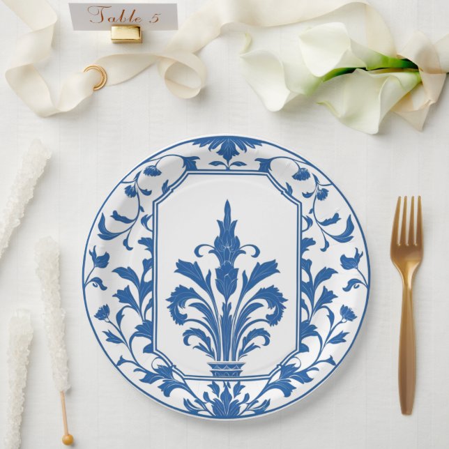 Prato De Papel Porcelana moderna e trendy azul e branca no estilo (Casamento)
