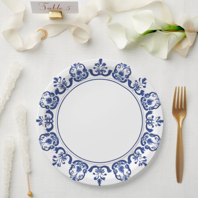 Prato De Papel Porcelana moderna e trendy azul e branca no estilo (Casamento)
