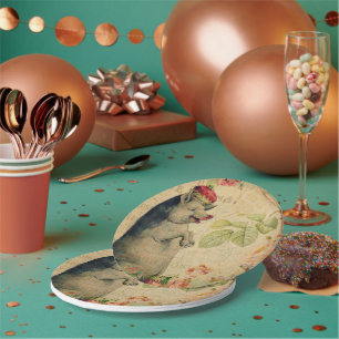 Prato De Papel Porco Postal Francês Vintage Com Crown Floral