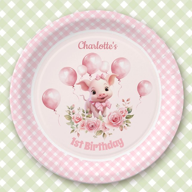 Prato De Papel Porquinhos-de-raça-branca primeiro aniversario-ros (Cute Piggy Farm Animals Girl Pink 1st Birthday Paper Plates)