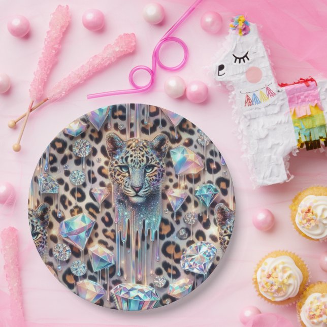Prato De Papel Posh Glam Opal Leopard Print Paper Plates (Festa)