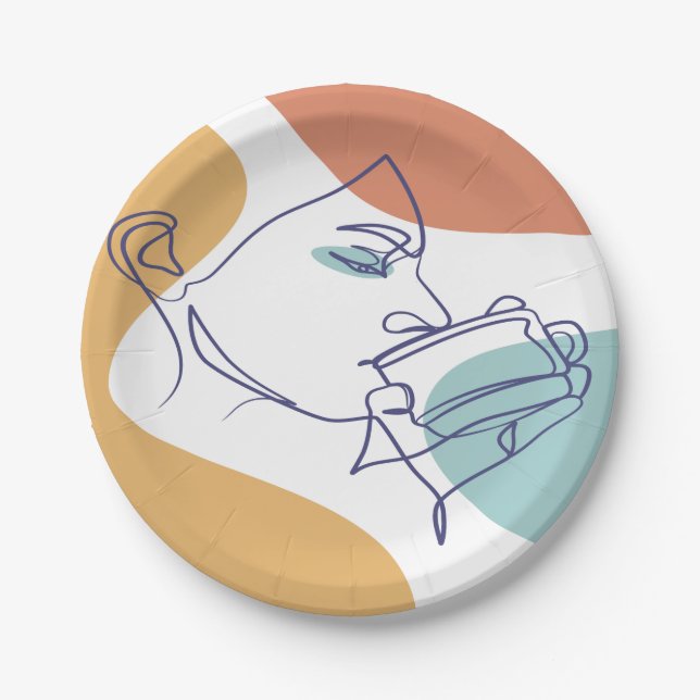 Prato De Papel poster de desenho da arte em linha de café bebendo (Frente)