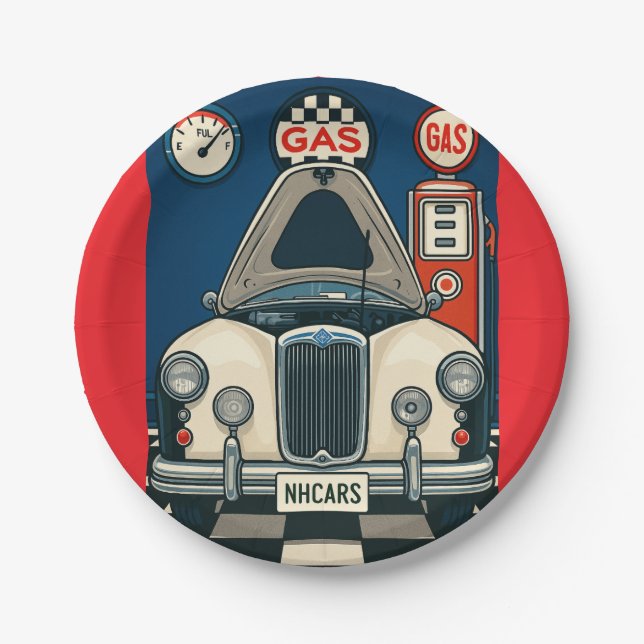 Prato De Papel Posto de Gasolina Clássico Carro Antigo Retro  (Frente)