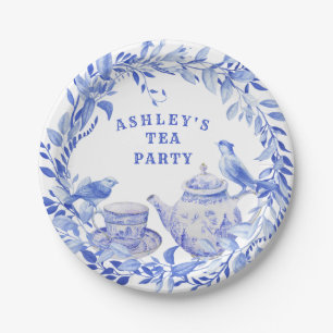 Prato De Papel Pote Floral Azul e Branco com Aves