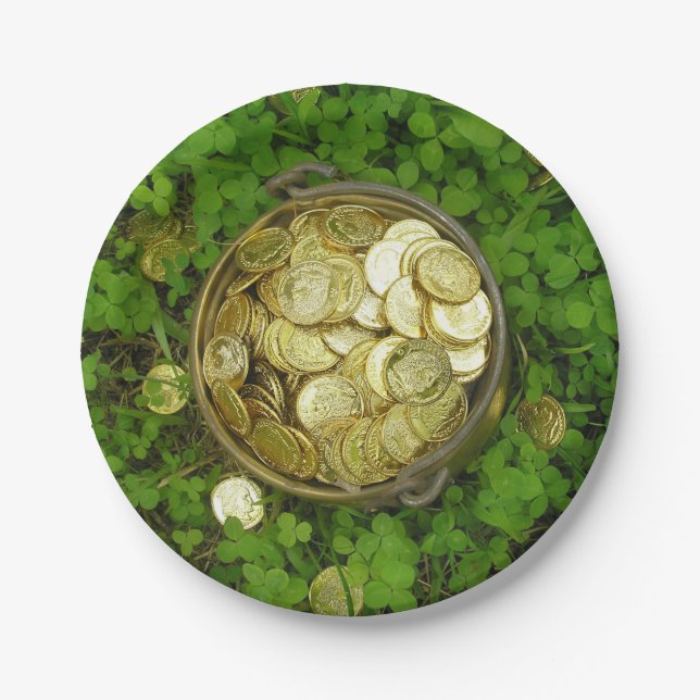 Prato De Papel Pote mágico de Dourado com Shamrocks! (Frente)