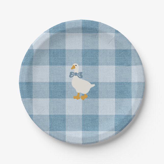 Prato De Papel Powder Blue Gingham Goose Baby Shower Check (Frente)