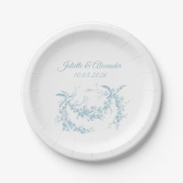 Prato De Papel Powder Blue Toile de Jouy Wedding Paper Plates