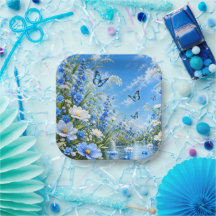 Prado Floral de Borboleta Azul Natureza Quadrada
