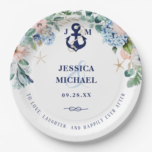 Prato De Papel Praia Floral Náutica Feliz Após Casamento (Frente)