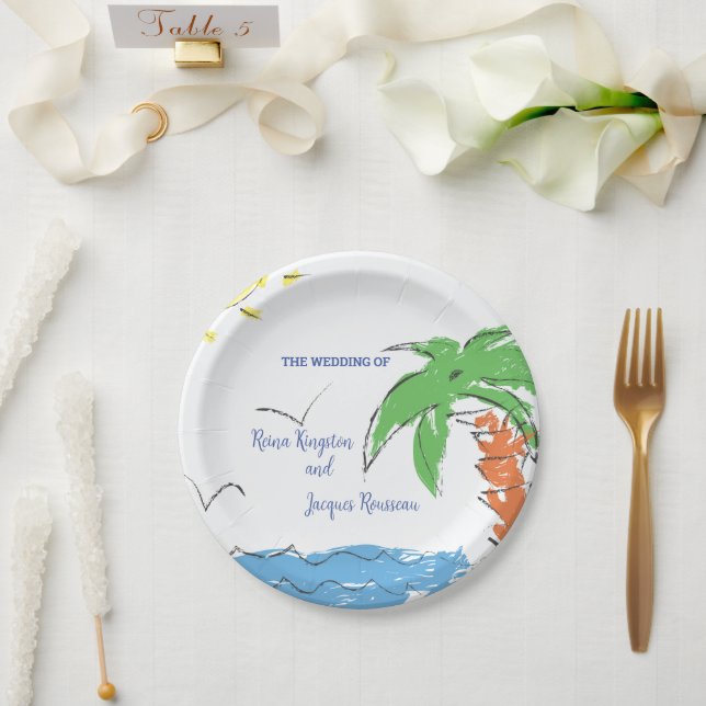 Prato De Papel Praia personalizada do tesouro com palmeira (Casamento)