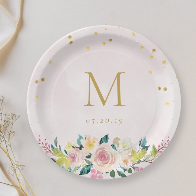 Prato De Papel Prata Floral Rosa Rústica Personalizada para Chá d (Criador carregado)