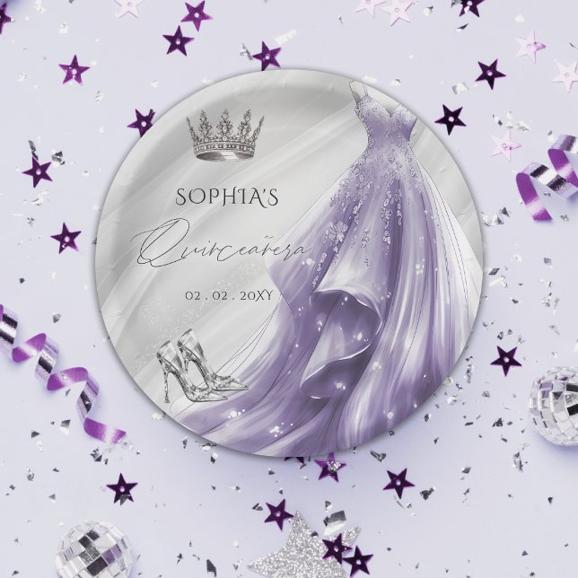 Prato De Papel Prata Roxo princesa Quinceañera (Silver Purple Dress Princess Quinceañera Paper Plates)