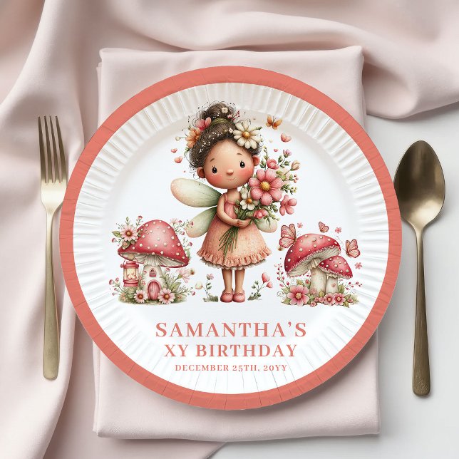 Prato De Papel Preciosa Fada 8º Aniversário Flores Rosa Papel  (Precious Fairy 8th Birthday Pink Flowers Paper Plates)