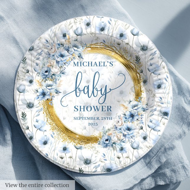 Prato De Papel Precioso poeirento azul aquarela flores chá ouro (Precious dusty blue watercolor flowers gold shower Paper Plates)