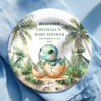 Prato De Papel Precious Blue Dino Baby Shower Hatching Soon Plate