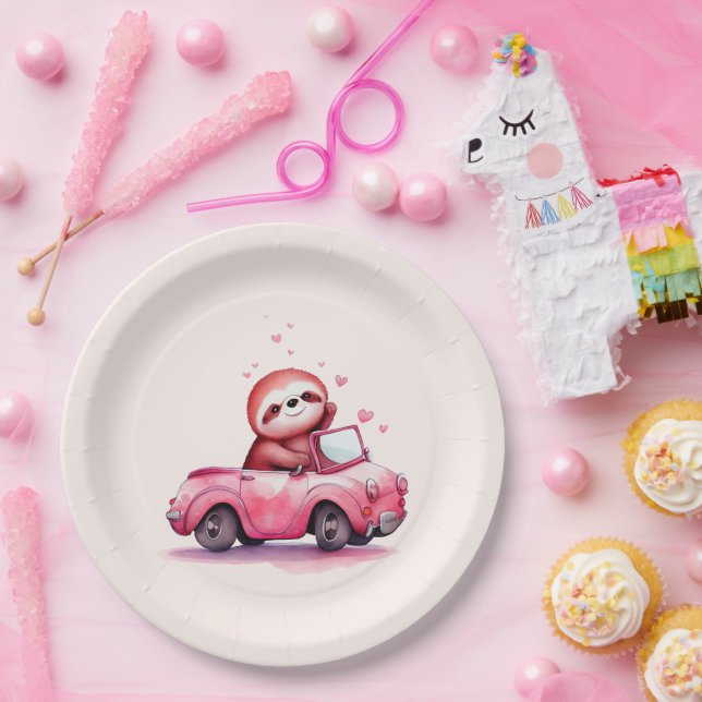Prato De Papel Preguiça Fofa Dirigindo um Conversível Rosa (Festa)