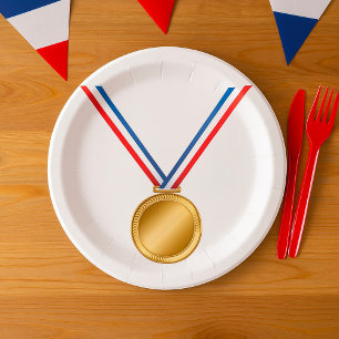 Prato De Papel Prêmio Medalha de Ouro com Fita Azul Vermelho Bran