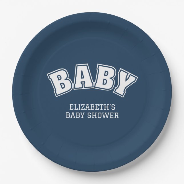 Prato De Papel Preppy Collegiate Varsity Navy Baby Shower (Frente)