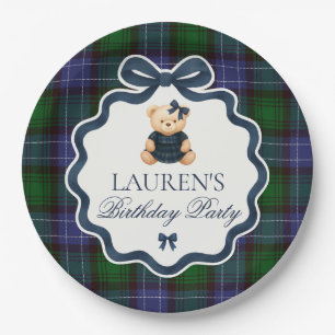 Prato De Papel Preppy Coquette Laço Urso Xadrez Aniversário