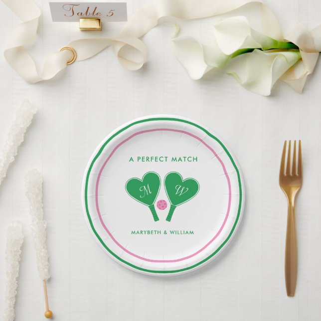 Prato De Papel Preppy Green and Pink Wedding Pickleball (Casamento)