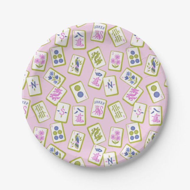 Prato De Papel Preppy Mahjong Tiles on Pastel Pink (Frente)