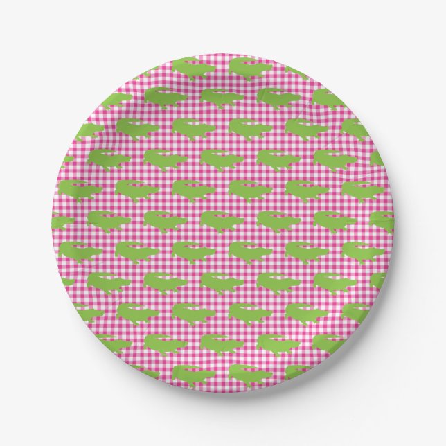 Prato De Papel Preppy Pink Gingham Green Alligator Southern (Frente)