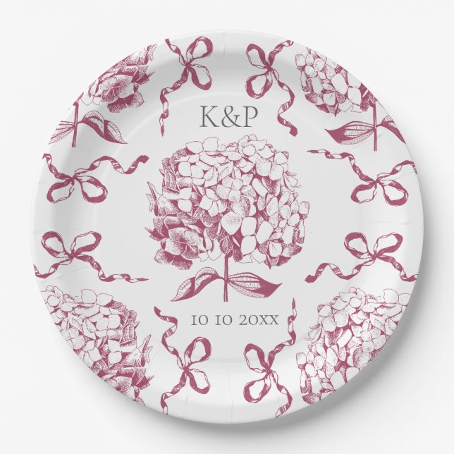 Prato De Papel Preppy Pink Toile Hydrangea Arco com Nome (Frente)