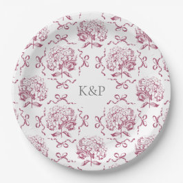 Prato De Papel Preppy Pink Toile Hydrangea Arco com Nome