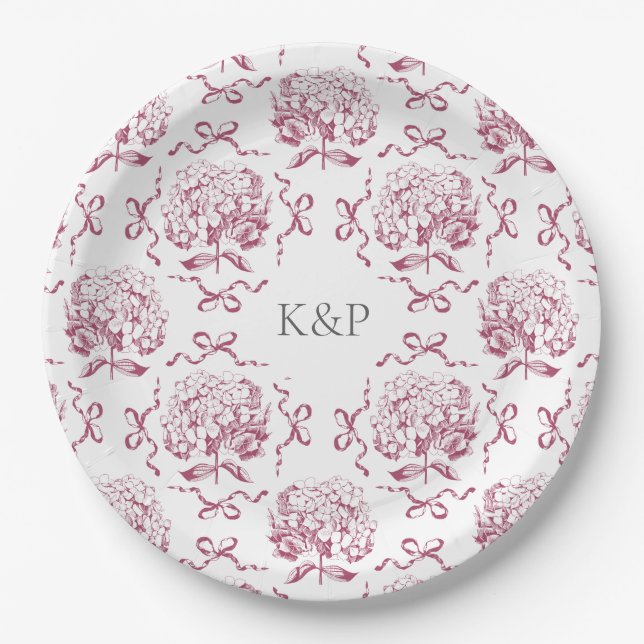Prato De Papel Preppy Pink Toile Hydrangea Arco com Nome (Frente)