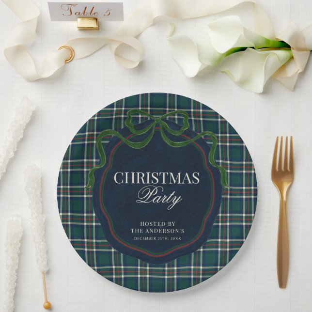 Prato De Papel Preppy Plaid Christmas Party Green Navy Tartan   (Casamento)