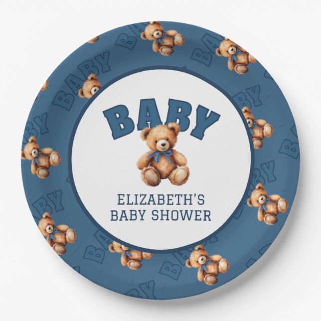 Prato De Papel Preppy Varsity Teddy Bear Baby Shower (Frente)